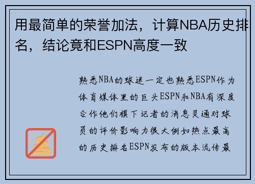 用最简单的荣誉加法，计算NBA历史排名，结论竟和ESPN高度一致